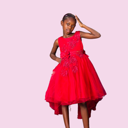 Girls Beaded & Sequined Party Dress with Bow - Red