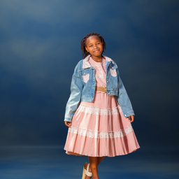 Long Champagne Dress with Brown Belt and Denim Jacket 