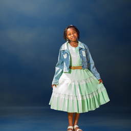 Long Champagne Dress with Brown Belt and Denim Jacket 