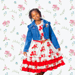 Nabotique Girls Dress & Belt in Creamy White with red flowers and Red lining