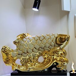 Patung Pajangan Ikan Arwana Hoki Keberuntungan Dekorasi Rak Lemari Lucky Fish Golden Pembawa Fengshui Dekorasi Ruangan Meja Kreatif Keramik