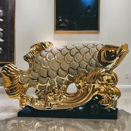 Patung Pajangan Ikan Arwana Hoki Keberuntungan Dekorasi Rak Lemari Lucky Fish Golden Pembawa Fengshui Dekorasi Ruangan Meja Kreatif Keramik