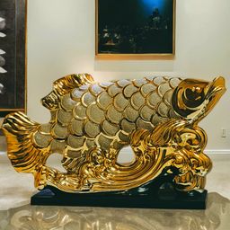 Patung Pajangan Ikan Arwana Hoki Keberuntungan Dekorasi Rak Lemari Lucky Fish Golden Pembawa Fengshui Dekorasi Ruangan Meja Kreatif Keramik