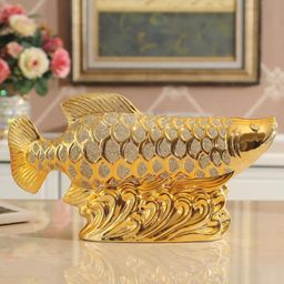 Patung Pajangan Ikan Arwana Hoki Keberuntungan Dekorasi Rak Lemari Lucky Fish Golden Pembawa Fengshui Dekorasi Ruangan Meja Kreatif Keramik
