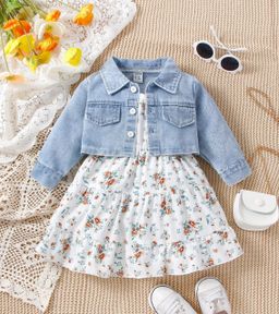2 Piece Baby Girl Flap Pocket Denim Jacket & Floral Cami Dress