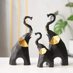 Pajangan Dekorasi Patung Gajah Familia Desain Geometrical Estetik Family Modern Pembawa Keberuntungan Emas Hadiah 1 Set 3 PCS 