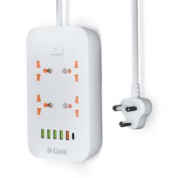 D-Link Power Strip with 4 Universal Sockets with Child Security + 5 USB Ports + 1 Type-C Port, High Temperature Fuse Protector, 1500W with 2 Meter Cable, 250 Volts, White
