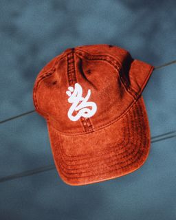 Washed Denim كُمّة logo dad hat (Dark Red Denim)