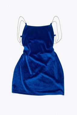 Vestido de terciopelo azul con tirantes de cadena - Size M