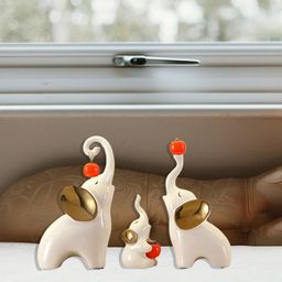 Pajangan Meja Patung Gajah Putih 3 Pasang Family Keramik Dekorasi Keberuntungan Kebijaksanaan