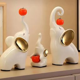 Pajangan Meja Patung Gajah Putih 3 Pasang Family Keramik Dekorasi Keberuntungan Kebijaksanaan