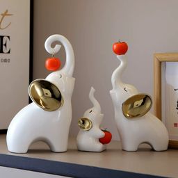 Pajangan Meja Patung Gajah Putih 3 Pasang Family Keramik Dekorasi Keberuntungan Kebijaksanaan