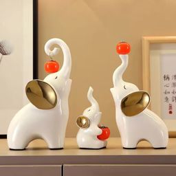 Pajangan Meja Patung Gajah Putih 3 Pasang Family Keramik Dekorasi Keberuntungan Kebijaksanaan
