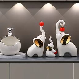 Pajangan Meja Patung Gajah Putih 3 Pasang Family Keramik Dekorasi Keberuntungan Kebijaksanaan