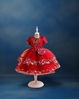 Red Layered Dress with White Flowers, with Bag and Cropped Jacket