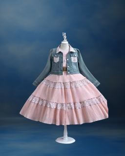 Long Champagne Dress with Brown Belt and Denim Jacket 