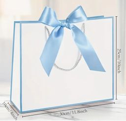 Cardboard Gift Bag w/ Bow - 11.8 x 10 x 4 inch (Blue & White)
