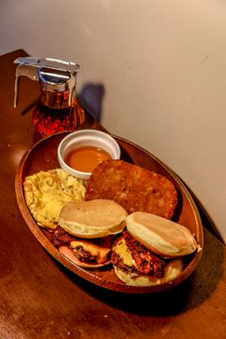 Pancakes served with homemade Sweet Jail sauce