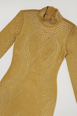Vestido dorado transparente con pedrería y cuello alto - Size S