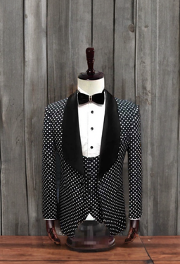 Black 3 Piece Tuxedo White Polka Dots