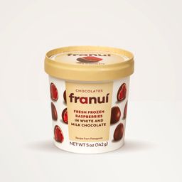 FRESH FROZEN RASPBERRIES IN WHITE AND MILK CHOCOLATE