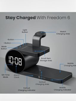 Portronics Freedom 6 15W Wireless Charger with 6-in-1 Function, Earbuds & Watch Wireless Charging, Digital Clock with Alarm, Compatible with iPhones/Samsung Smartphone Series.