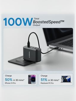 Ambrane 100W GaN Charger for MacBooks & Type C Laptop Charging with 4 Ports - 1 USB & 3 Type C