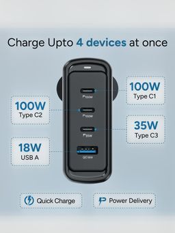 Ambrane 100W GaN Charger for MacBooks & Type C Laptop Charging with 4 Ports - 1 USB & 3 Type C