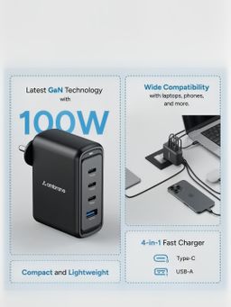 Ambrane 100W GaN Charger for MacBooks & Type C Laptop Charging with 4 Ports - 1 USB & 3 Type C