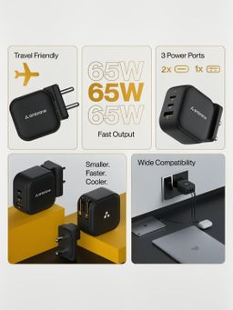 Ambrane 65W Charger Adapter, 3 Ports – 2 Type C & 1 USB (Raap G65, Black)