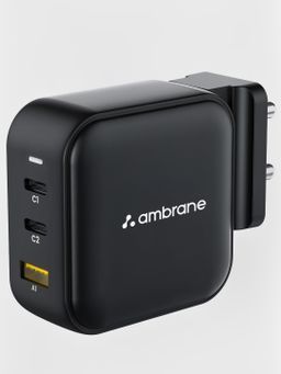 Ambrane 65W Charger Adapter, 3 Ports – 2 Type C & 1 USB (Raap G65, Black)