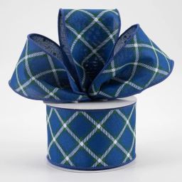 2.5" Diagonal Dash Check Ribbon: Royal Blue, Emerald, White (10 Yards)