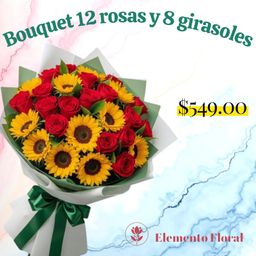BOUQUETE 12 ROSAS Y 8 GIRASOLES