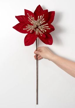 Sequined Velvet Poinsettia Stem: Red & Champagne