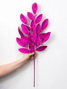 30" Glitter Leaves Spray: Fuchsia Hot Pink