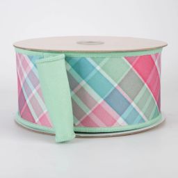 2.5" Double Sided Fused Diagonal Plaid Ribbon: Teal, Pink & Mint (10 Yards)