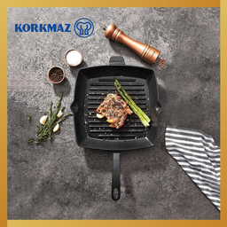 WAJAN KORKMAZ CASTA SQUARE CAST GRILL FRYPAN 26 x 26 cm BLACK NON-STICK PREMIUM COOKING WARE, SUITABLE FOR INDUCTION