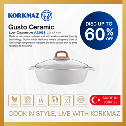 PANCI KORKMAZ GUSTO CERAMIC LOW CASSEROLE 26 x 7 cm / 3.5 Lt. PREMIUM COOKING WARE NON-STICK
