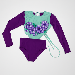 Traje de Baño Morado de Una Pieza con Mangas Largas y Detalle Floral - Size L