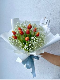 [Preorder: 2 days] Orange Tulips & Baby's Breath Bouquet