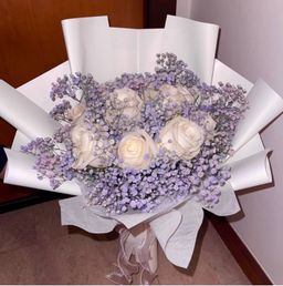Premium Ecuador White Roses, Pink & Blue Baby Breaths Bouquet 