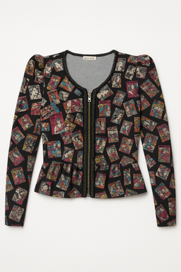 Chaqueta negra estampada con cierre frontal - Size L