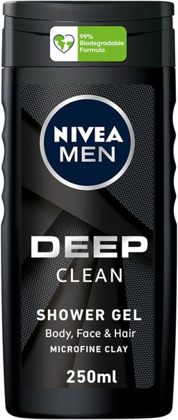 NIVEA MEN 3in1 Shower Gel Body Wash, DEEP Micro-Fine Clay, Woody Scent, 250ml