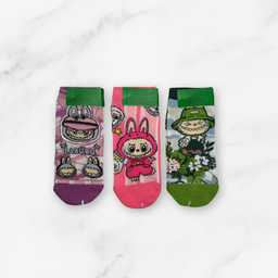 [10038] - 3 Pairs Women's High-Cotton Low-Cut Ankle Socks – Breathable, Trendy Graphic Motifs & Everyday Comfort