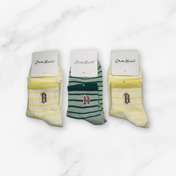 [10104] - 3 Pairs Women’s Cotton Blend Crew Socks – Breathable Graphics/Stripe/Embroidery Mix 