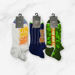 [10098] - 3 Pairs Men’s High-Cotton Low-Cut Ankle Socks – Breathable Stripes/Alphabet Detail 