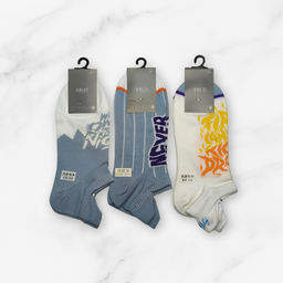 [10098] - 3 Pairs Men’s High-Cotton Low-Cut Ankle Socks – Breathable Stripes/Alphabet Detail 