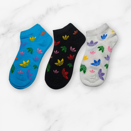 [10075] - 3 Pairs Men’s Cotton Blend Low-Cut Ankle Socks – Breathable Floral/Stripe Mix & Everyday Comfort 