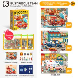Mideer 3-in-1 Level 3 Puzzle Set: Busy Rescue Team (24-35pcs)