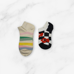 [10192] - 2 Pairs Women’s High-Cotton Low-Cut Ankle Socks – Breathable Shapes/Stripes & Trendy Graphics 